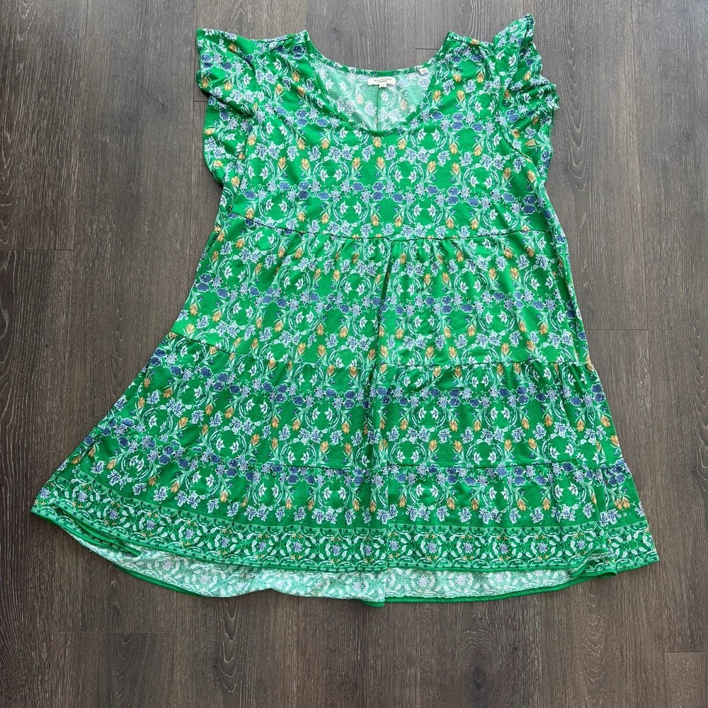 Max Studio‎ 3X Green Floral Boho Tiered Ruffle Sleeve Dress Coastal Cottagecore